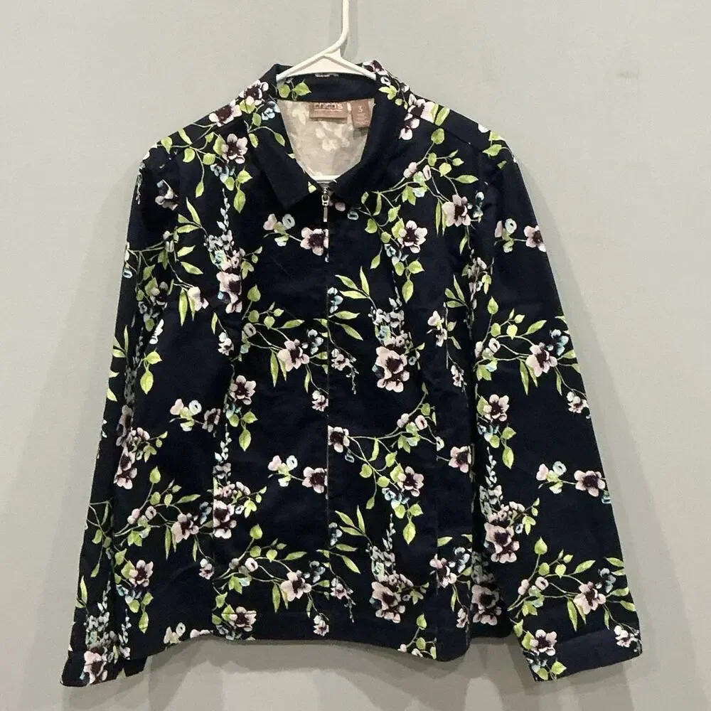 Chicos Womens Full Zip Cotton Jacket Size 3 XL Navy Blue Floral Cottagecore Work